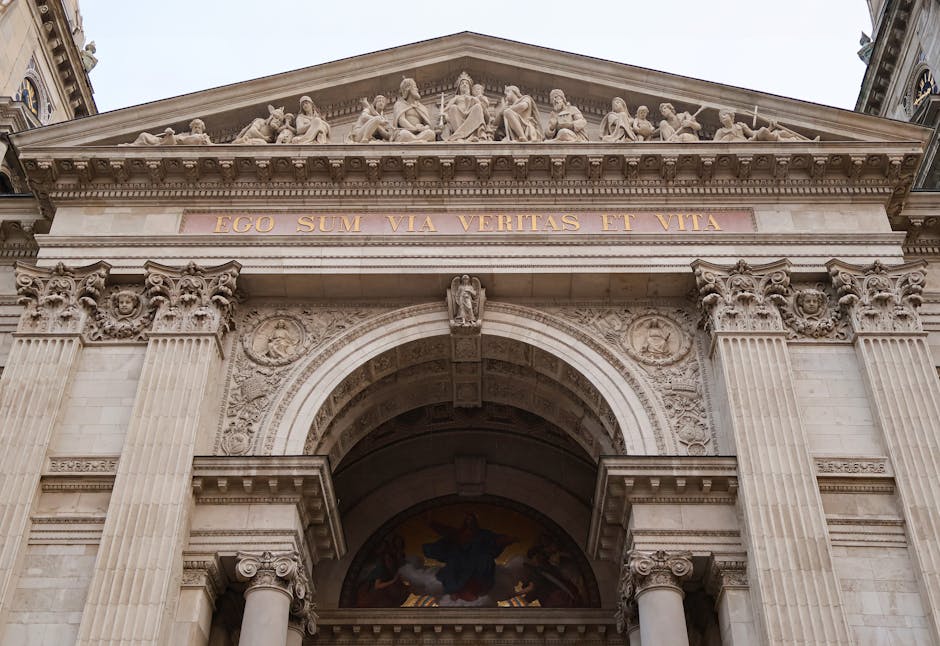 Close-up of the neoclassical facade of Saint Stephen's Basilica in Budapest, Hungary.